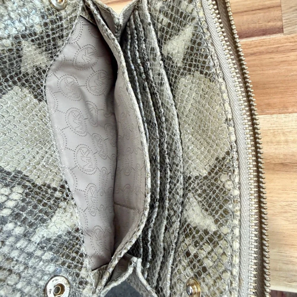 Michael Kors Snakeskin Embossed Leather Crossbody Bag Gold MK Logo Beige Tan